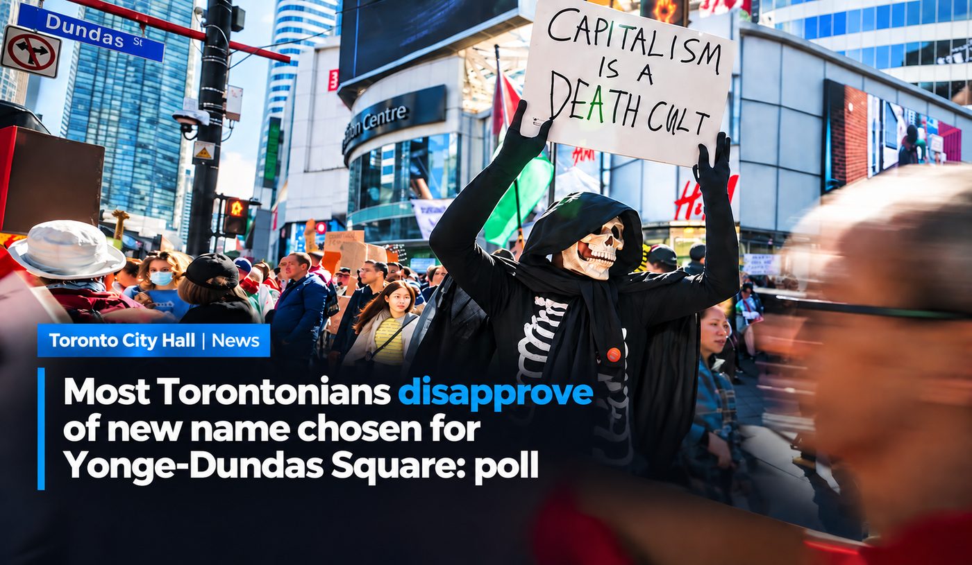 News graphic reading “Most Torontonians disapprove of new name chosen for Yonge-Dundas Square: poll” over a protest at Yonge and Dundas