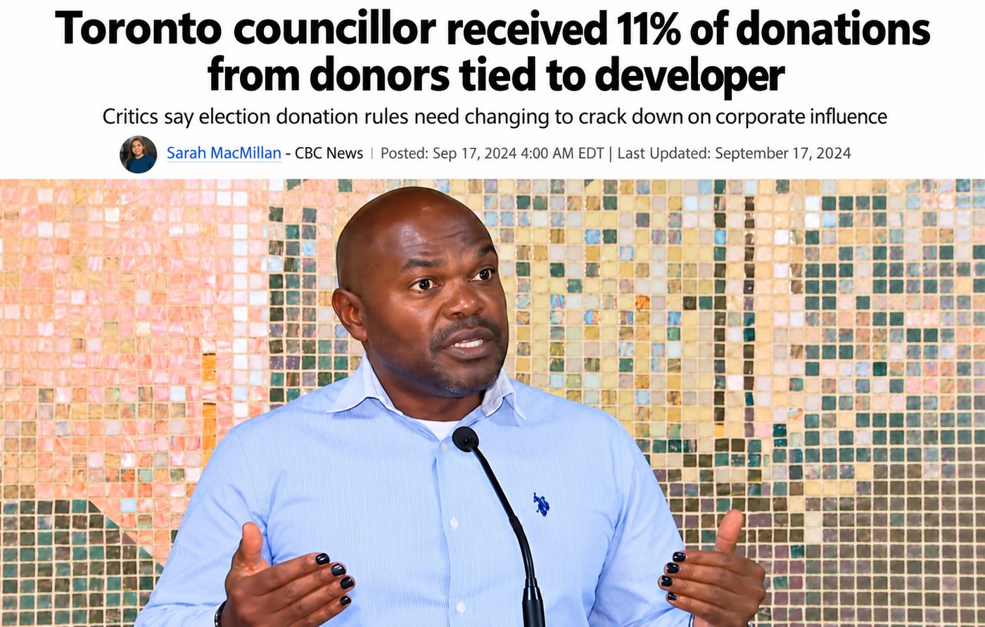 CBC News headline “Toronto councillor received 11% of donations from donors tied to developer” above a photo of Chris Moise speaking at a microphone