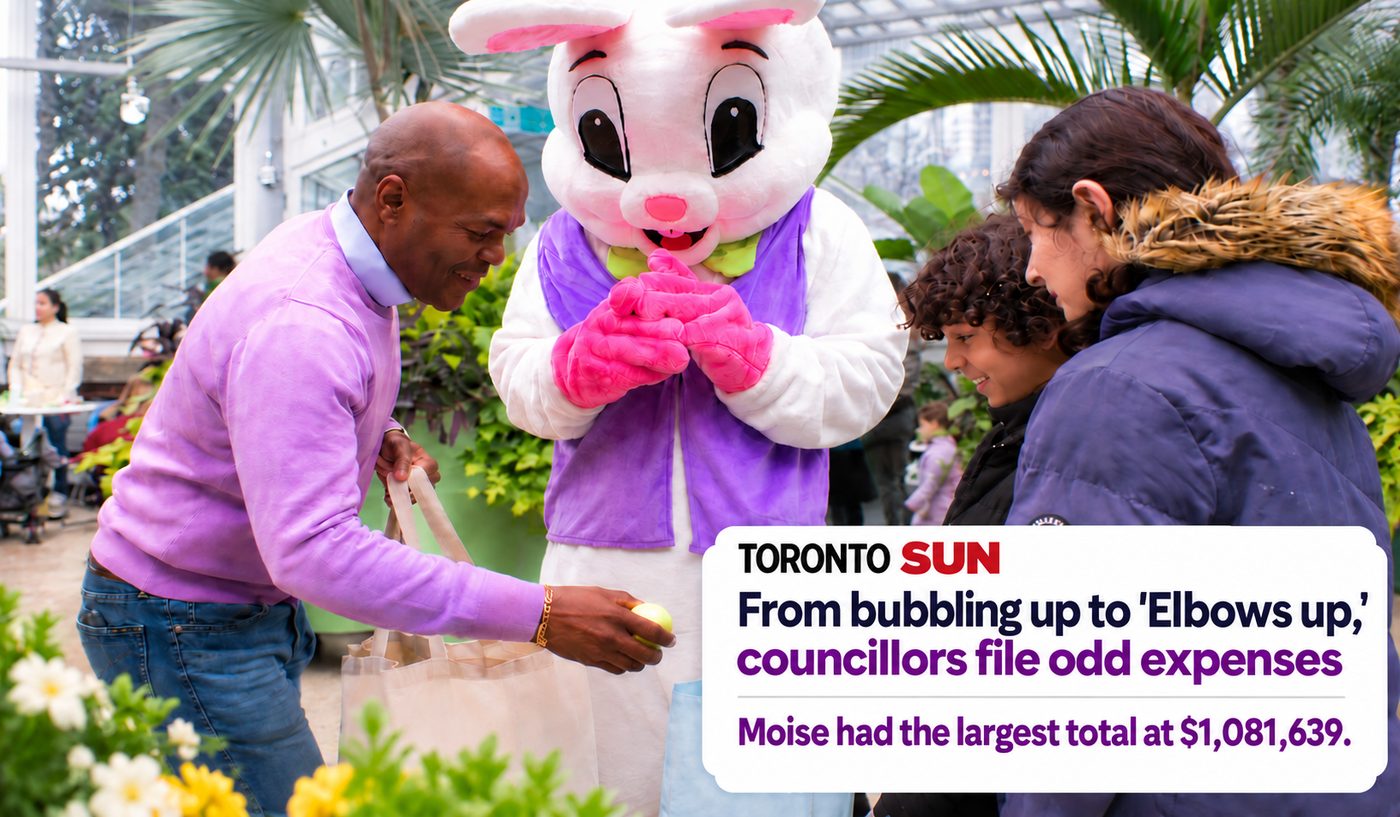 Chris Moise at an Easter event beside a Toronto Sun headline “From bubbling up to ‘Elbows up,’ councillors file odd expenses” noting Moise had the largest total at $1,081,639