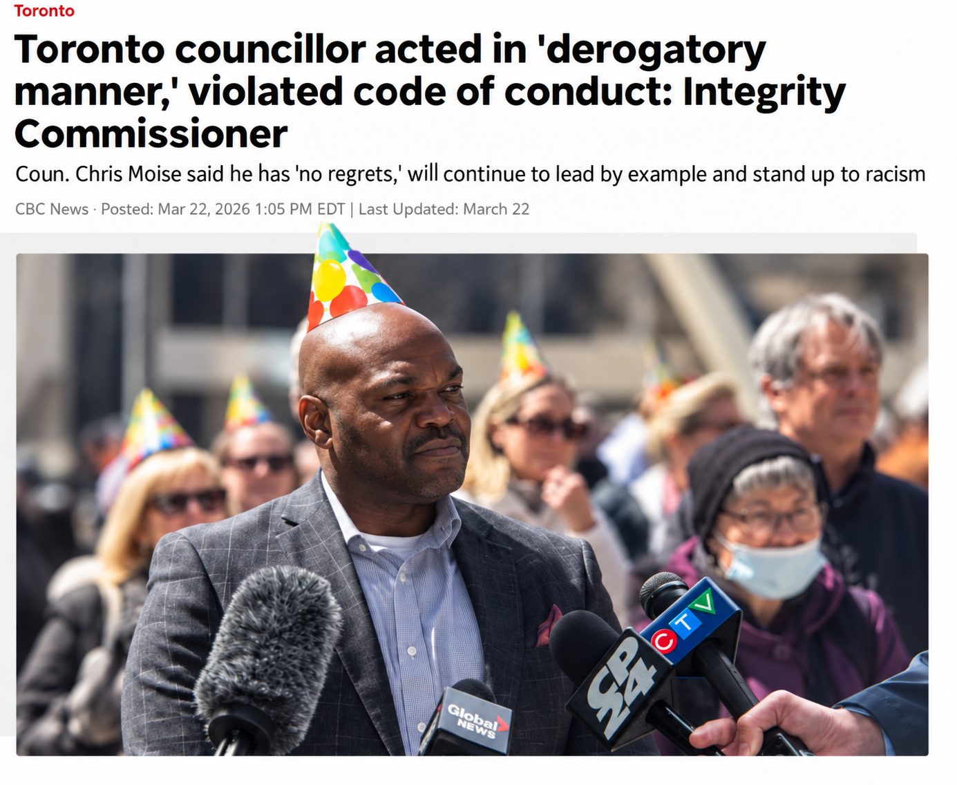 CBC News headline “Toronto councillor acted in ‘derogatory manner,’ violated code of conduct: Integrity Commissioner” noting Moise said he has “no regrets,” above a photo of Moise at a press scrum